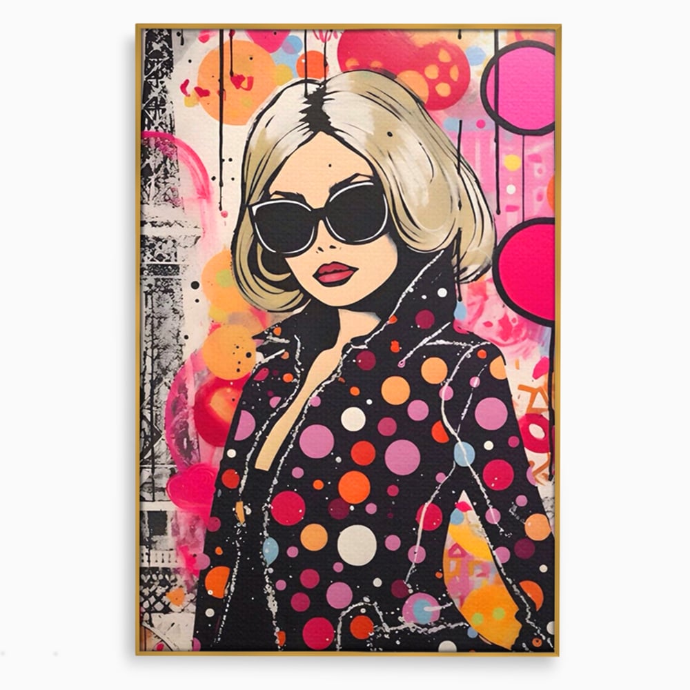 Tablou canvas cu tablou canvas cu portret pop art, in rama de aluminiu auriu